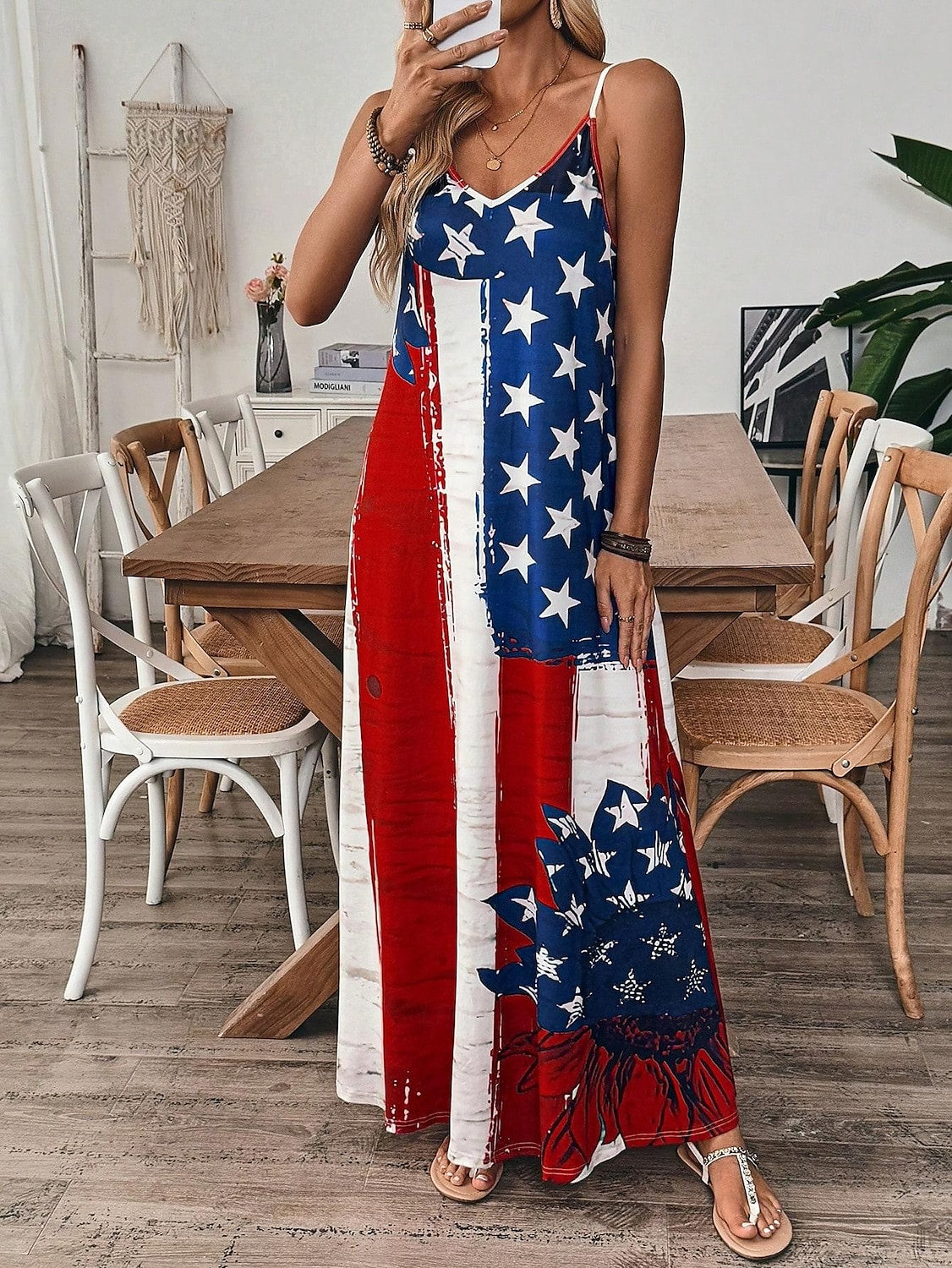 Independence Day Women's Patriotic Fourth of July Maxi Dress A Line Dress Slip Dress Vacation Casual Outdoor Going out Regular Fit Graphic American Flag Sleeveless V Neck Spaghetti Strap Blue 2025 - $27.99 –P4