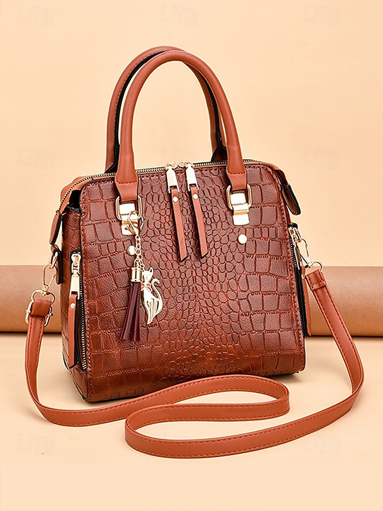 Dámská kabelka z umělé kůže s krokodýlím vzorem a střapcovým přívěskem – elegantní horní ucho a crossbody kabelka do práce, na nákupy i na každodenní výlety 2025 - $19.99 –P3