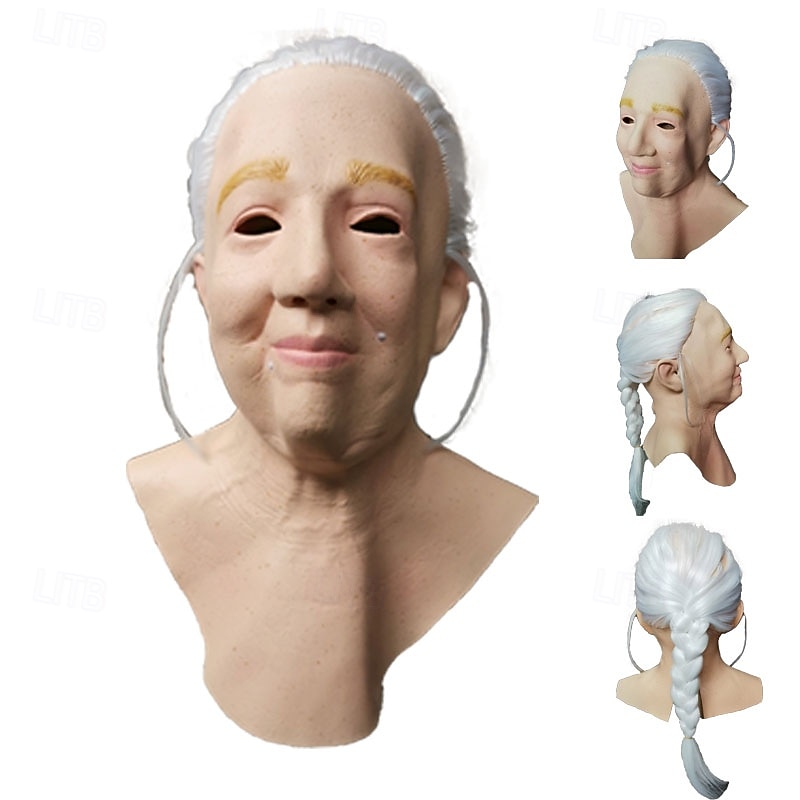 Mască de Halloween pentru bunica, costume realiste și înfricoșătoare, mască facială din latex, mască de groază pentru femeie în vârstă, recuzită de petrecere de vrăjitoare înfricoșătoare 2025 - $34.99 –P7