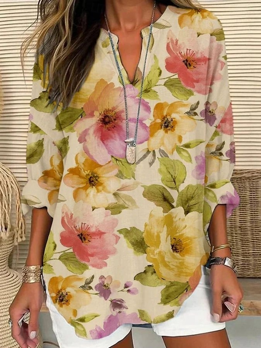 Dames Blouse Bloemig Stijlvol Modern Lange mouw V-hals Normale tops Dagelijks Feestdagen Afdrukken Wijn Marine Blauw blauw Paars Khaki Zomer 2025 - $22.99 –P1