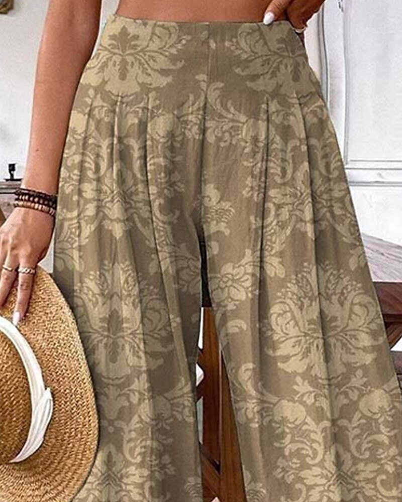 Dames Broeken Palazzo-broek Modieus Boho Volledige lengte Hoge taille Bloemig Elastische taille Comfortabel Micro-elastisch Straat Alledaagse kleding Uitgaan Khaki Zomer Lente Normale pasvorm 2025 - $17.99 –P2