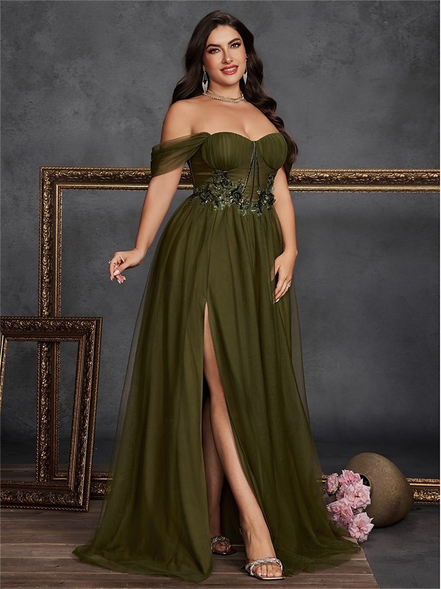 Vestidos A-Line Plus Size Vestido Curvo Elegante Formal Casamento Comprimento do Chão Sem Mangas Ombro Descido Chiffon Costas à Mostra com Fenda 2025 de 2025 por $129.99 –P5