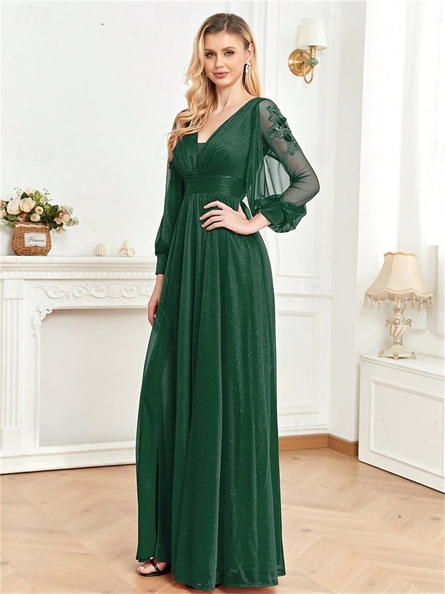 A-vonal Quinceanera Ruhák Elegáns Ruha Formális Esküvői Padló Hosszúságú Hosszú Ujjú V Nyak Sifon V Hátsó Ráncokkal Hasítékkal 2025 - $99.99 –P14