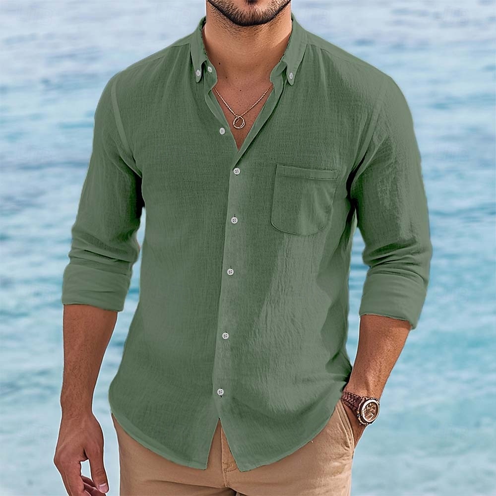 Hombre Camisa Camisa de lino Camisa de verano Camisa con botones Camisa de playa Color sólido Vacaciones Festivos Blanco Rosa Verde Trébol Azul claro Manga Larga Diseño Ropa Botones 2026 - $24.99 –P8