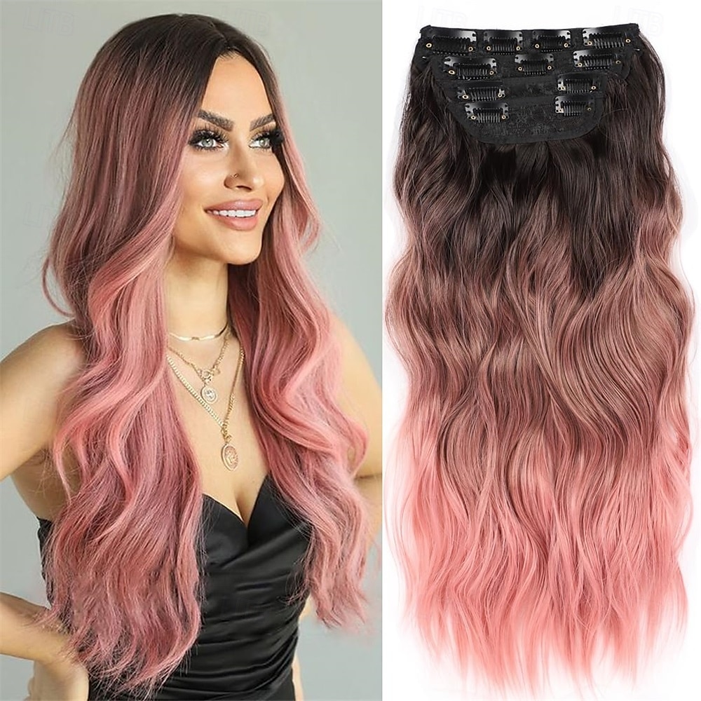 Extensões de cabelo de 20 polegadas com clipe, extensões de cabelo sintético longo e ondulado, extensões de cabelo rosa grosso com clipe, extensões de cabelo de trama dupla para mulheres de 2025 por $26.99 –P1