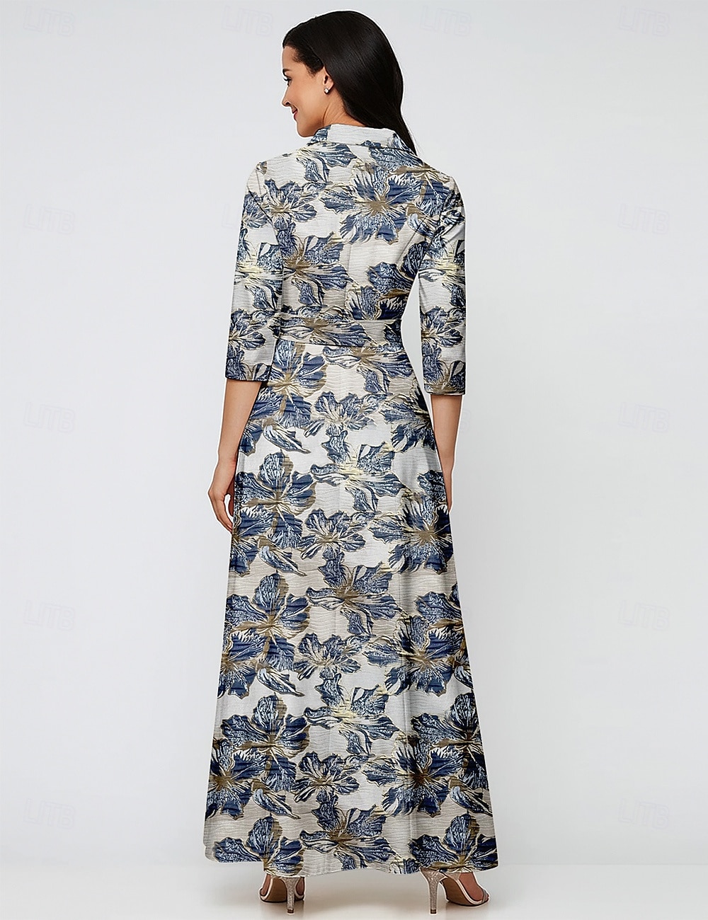 Robe du soir A-Linie en jacquard en brocart élégante robe formelle mariage longueur de sol à manches longues col chemise en nylon avec nœud(s) et poche de 2025 ? $147.99 –P5