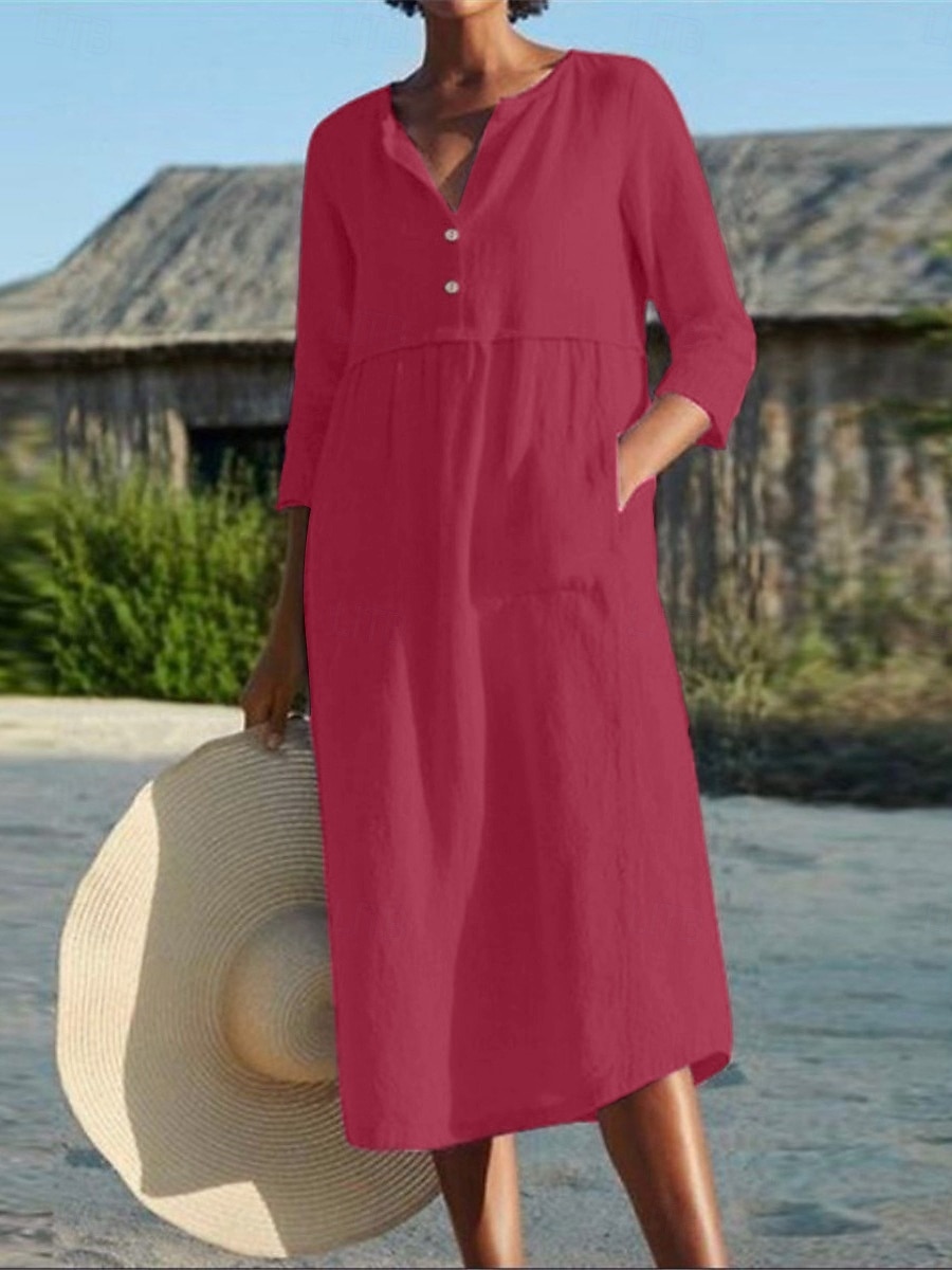 Per donna Abito Midi Finto cotone e lino Abito Camicia Vestito Casual Essenziale Moderno Quotidiano Weekend Vestibilità comoda Semplice Manica 3/4 Scollo a V Blu Nero Rosa Vino Estate Primavera del 2026 a $17.49 –P3