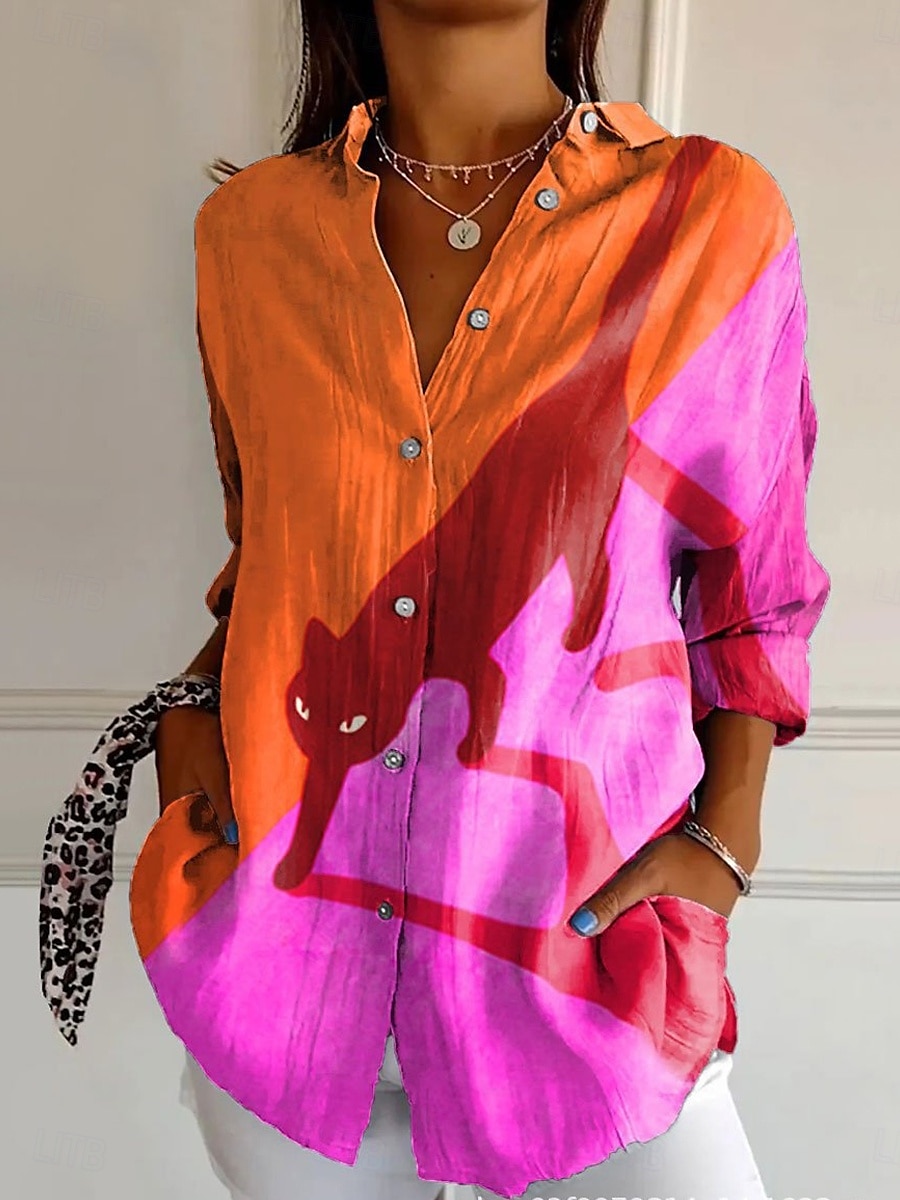 Femmes Chemise Fleuri Géométrique Élégant Moderne manche longue Col de chemise Hauts Réguliers Quotidien Fête Boutons Imprimé Rouge bleu marine Bleu Fuchsia Été de 2025 ? $25.99 –P1