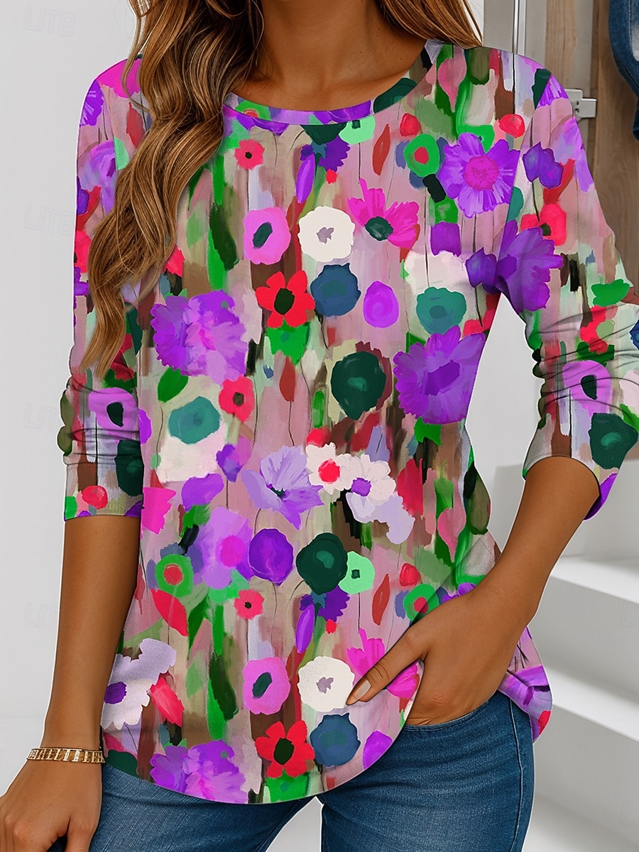 Maglietta da donna a manica lunga con scollo a girocollo tunica grafica floreale vintage elegante casual tops regolari stampa weekend rossa blu viola verde estate del 2025 a $22.99 –P4