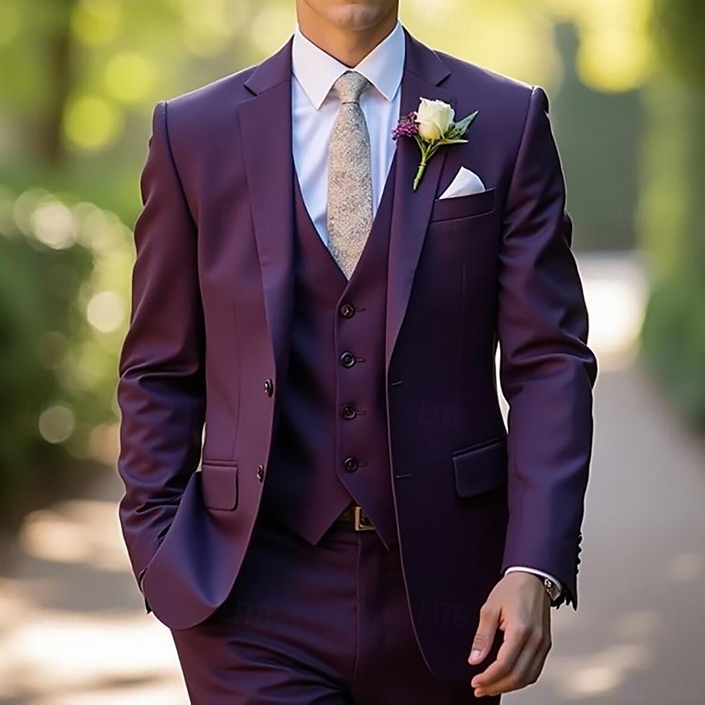 Men's Wedding Party Evening Wear Suits Grape Dark Grey Fashion Formal Solid Colored Standard Fit 3 Piece Single Breasted Two-buttons 2025 - $122.99 –P1