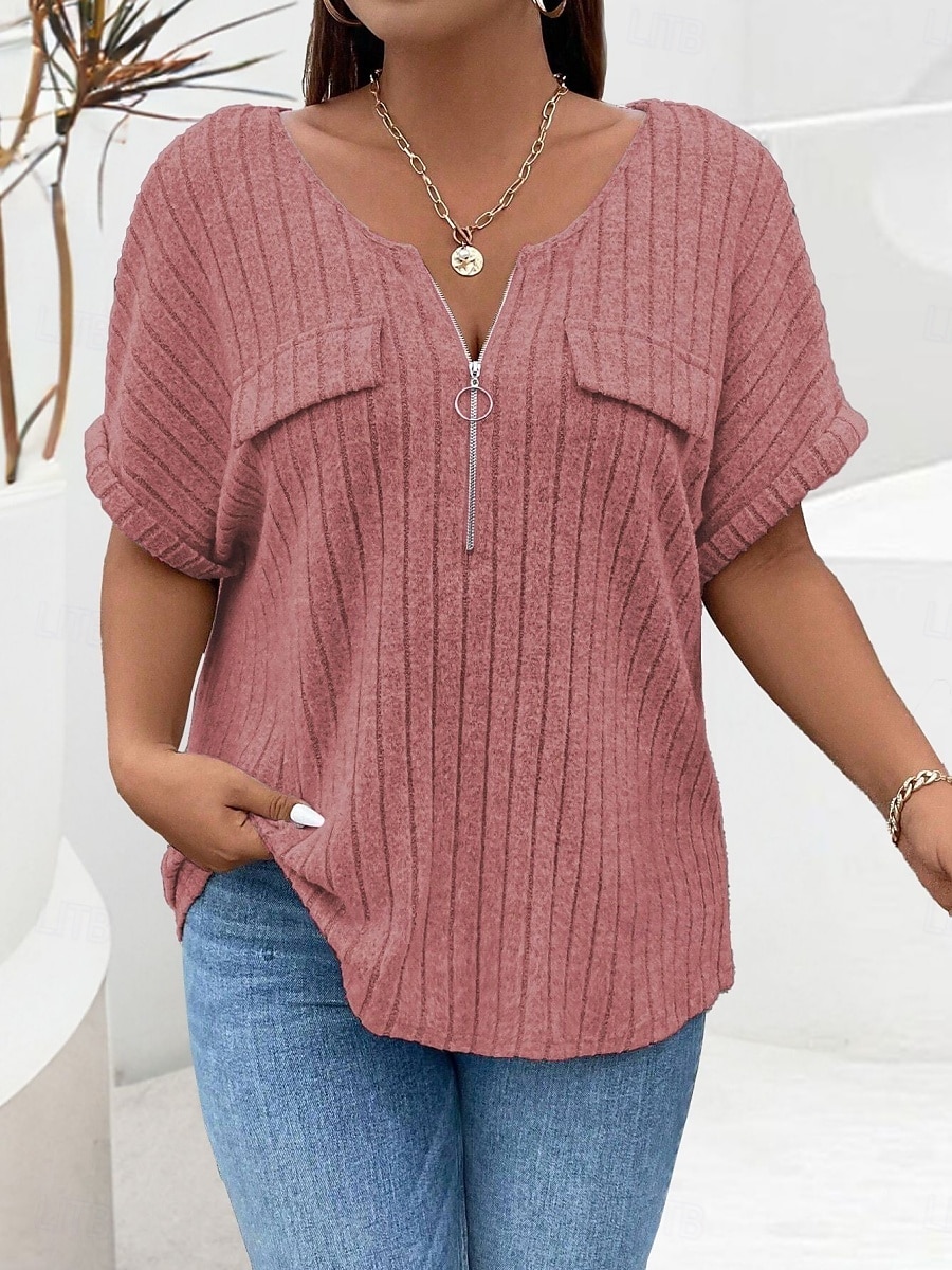 Dámské Plus velikost Topy Tričko Pevná barva Zip Kapsy Krátký rukáv Do V Módní Šik ven Na běžné nošení Denní Víkend Polyester Léto Podzim Světlá růžová Fialová 2025 - $23.99 –P13
