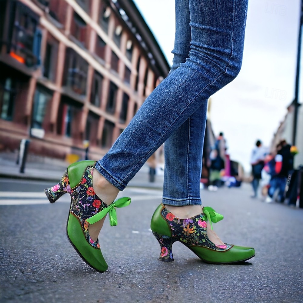 Women's Green Leather Mary Jane Heels with Floral Print, Ribbon Ties, and Retro Style - Perfect for Vintage-Themed Events and Daily Elegance 2026 - $84.99 –P4