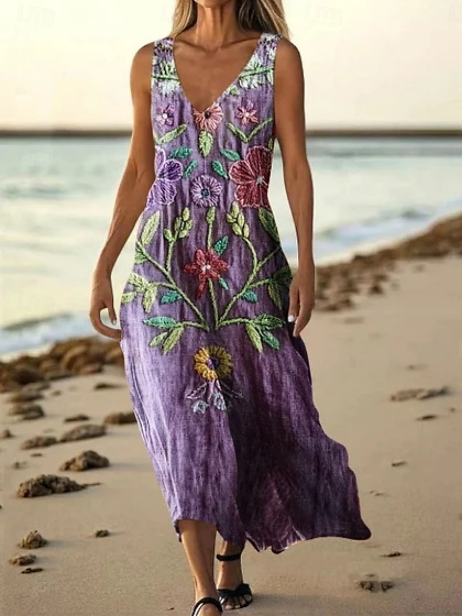Mujer vestido largo vestido largo Vestido informal Vestido de Tanque Vestido de verano africano Diario Festivos Playa Ajuste regular Floral Sin Mangas Escote en Pico Blanco Morado Verde Trébol 2025 - $21.99 –P4