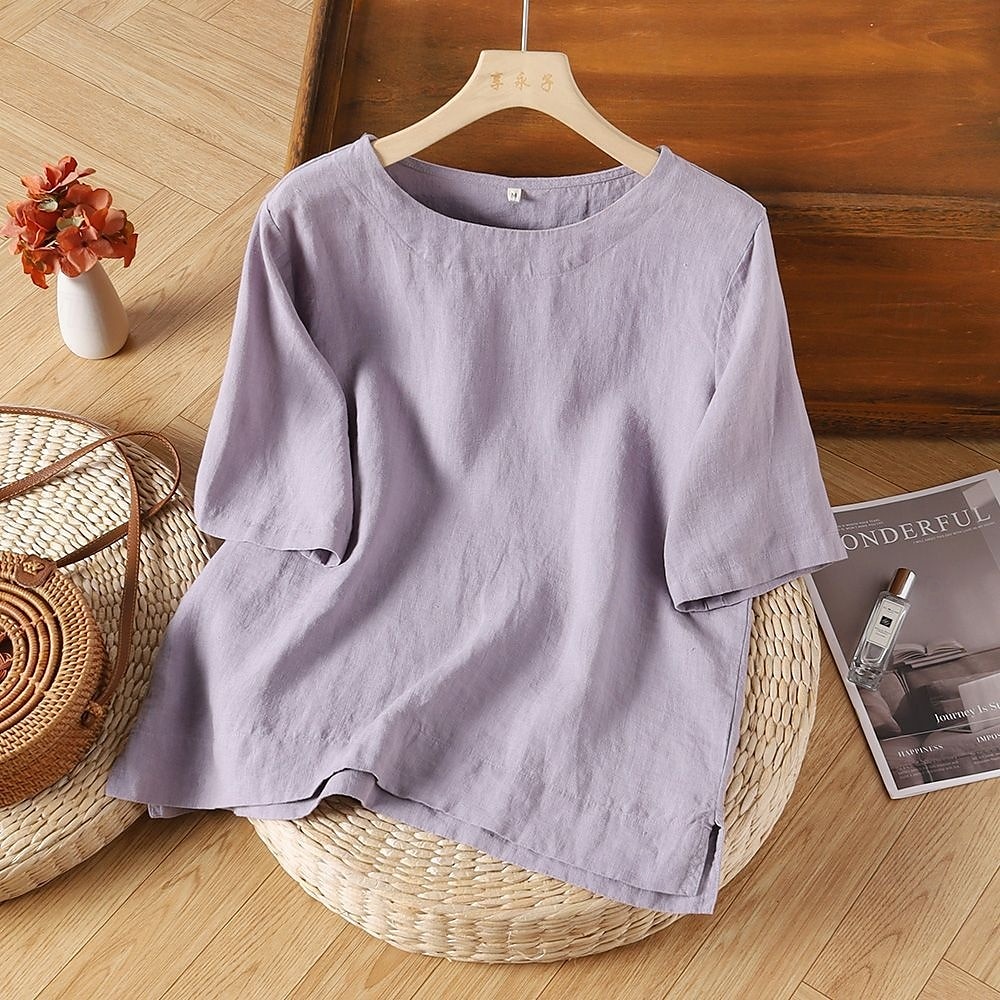 Femmes Chemise Haut en Coton Blanc Couleur Unie Élégant ancien Basique Manche Courte Col ras du cou Hauts Réguliers Quotidien Sortir Week-end Blanche Jaune Rose Claire Violet Vert Été Printemps de 2025 ? $13.99 –P6