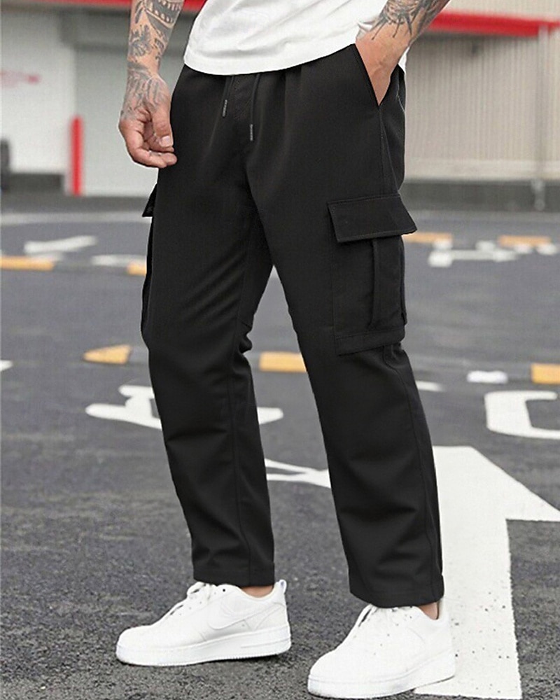 2025年 男性用 カーゴパンツ ズボン ドローストリング 弾性ウエスト マルチポケット 平織り 耐久性 アウトドア 日常 キャンピング&ハイキング ファッション クラシック ブラック アーミーグリーン コレクション – $21.99 –P5