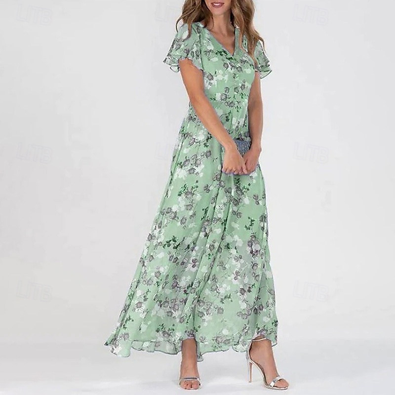 Damen Midikleid Cocktailkleid Chiffonkleid Blumenkleid Druckkleid Mode Modern Outdoor Urlaub Teegesellschaft Normale Passform Blume Kurzarm V Ausschnitt Blau Grün Leicht Blau Sommer 2026 - $26.99 –P4