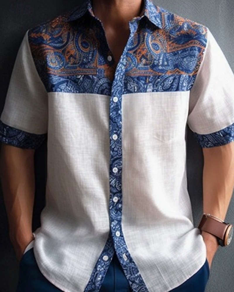 Herren Hemd Sommerhemd Freizeithemd Strandhemd Knopfhemd Weiß Blau Dunkelblau Kurzarm Blatt Revers Urlaub Hawaiianisch Druck Bekleidung Polyester Mode Lässig Bequem 2025 - $17.49 –P2