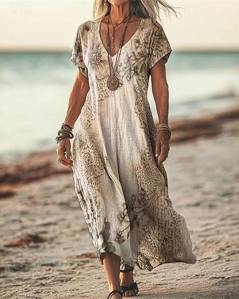Per donna Abito Midi Abito Floreale Abito Stampato Classico Moderno Vacanza Ferie Weekend Vestibilità regolare Fiore Manica Corta Scollo a V Giallo Verde Cachi Albicocca Estate del 2026 a $24.99 –P2