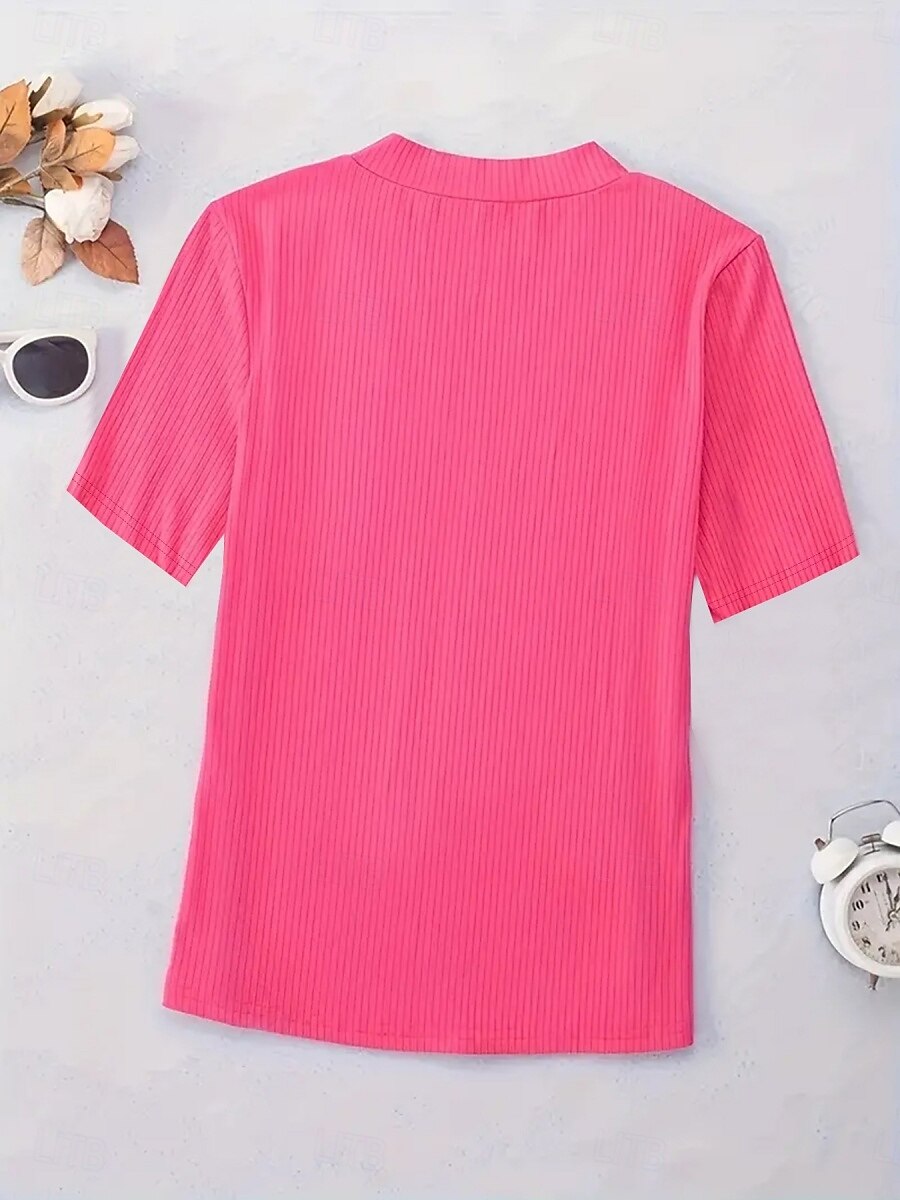 Femmes T-shirt Couleur Unie Mode Élégant Classique Manche Courte Col en V Hauts Réguliers Quotidien Week-end Noir Vin Rouge Bleu Fuchsia Été de 2025 ? $18.99 –P3