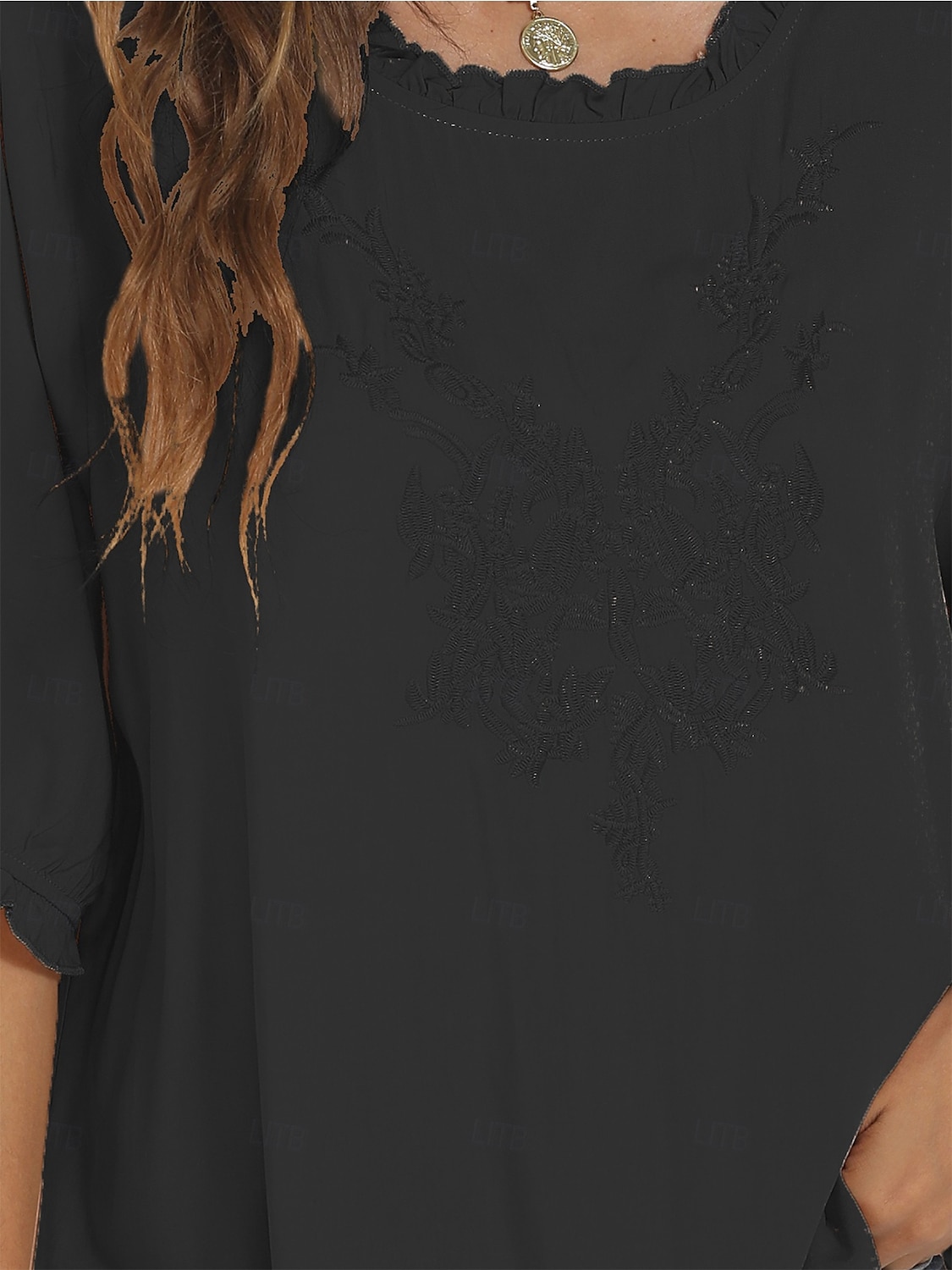 Damen Hemd Einfarbig Blumen Lässig Boho Dreiviertelarm Ellbogenärmel Rundhalsausschnitt Normale Oberteile Täglich Ausgehen Rüsche Bestickt Schwarz Weiß Rote Khaki Sommer 2025 - $24.99 –P10