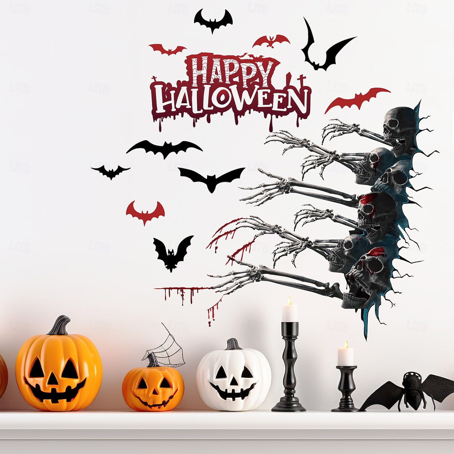 Adesivo da parete di Halloween con design spettrale di mani, teschi e pipistrelli, decorazione murale autoadesiva per soggiorno e feste di Natale del 2025 a $6.49 –P7