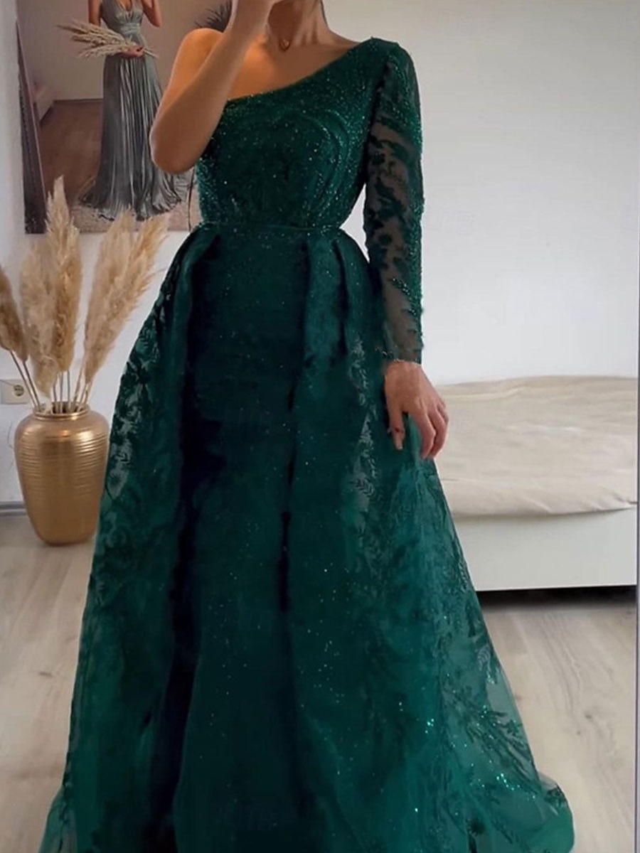 A-Linie Abendkleid Elegant Kleid Formell Hochzeit Bodenlang Langarm Ein-Schulter Spitze mit Paillette 2025 2025 - $139.99 –P5
