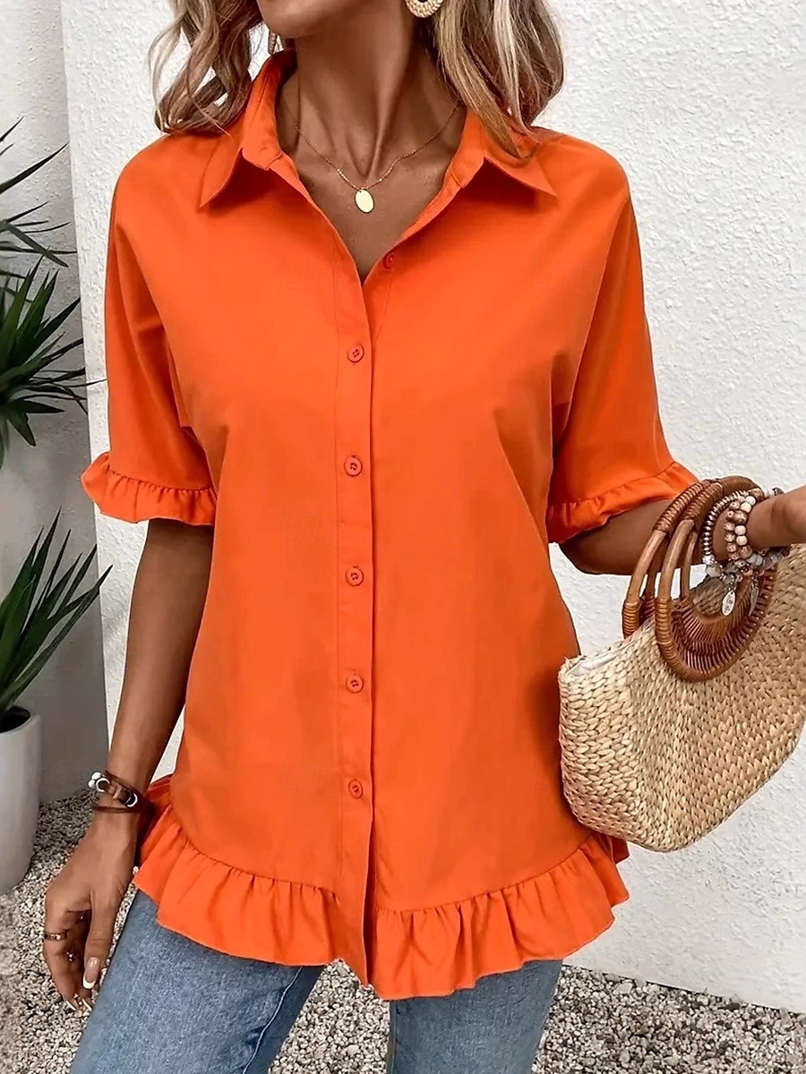 Dámská košile button down blůza jednobarevná jednoduchá stylová moderní volná košile s krátkým rukávem button down blůza límeček běžné vrchní díly do práce denní svátek volánky knoflíky bílá oranžová 2025 - $24.99 –P4