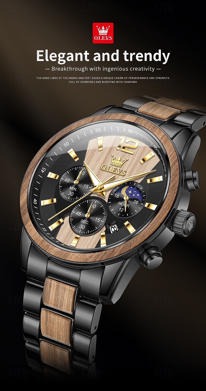 OLEVS 3645 Heren Horloge Top Merk Business Originele Kwarts Horloge Massief Hout Multifunctionele Chronograaf Maanfase Horloge 2026 - $62.99 –P1