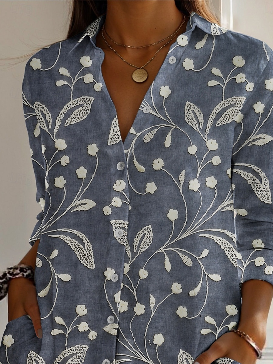 Women's Shirt Buttons Print Floral Active Daily Stylish Long Sleeve Shirt Collar Regular Tops Daily Holiday Gray Spring Fall 2026 - $29.99 –P2