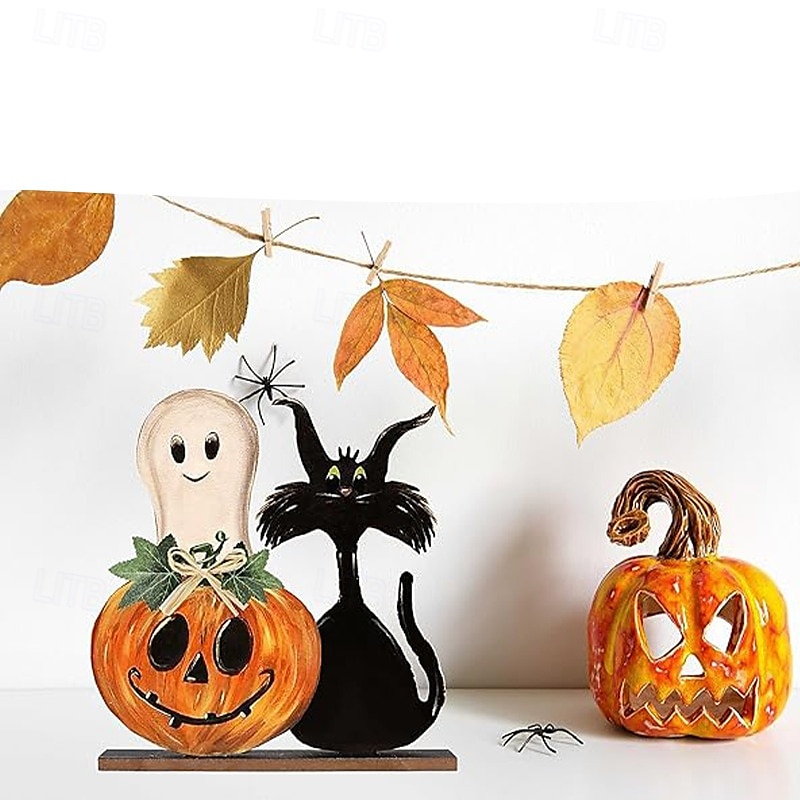 Halloween houten tafeldecoraties, rustieke pompoen- en spookachtige decoraties op dienbladen, Halloween houten borden voor binnen voor op tafel in de woonkamer op een boerderij 2025 - $15.49 –P2