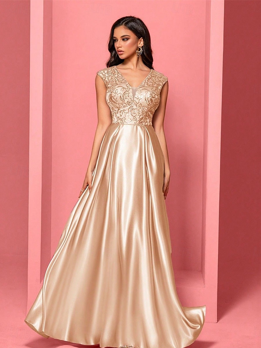 A-Linje Quinceanera Klänningar Elegant Klänning Formell Bröllop Golvlängd Ärmös V-Hals Polyester med Veck 2025 - $109.99 –P3