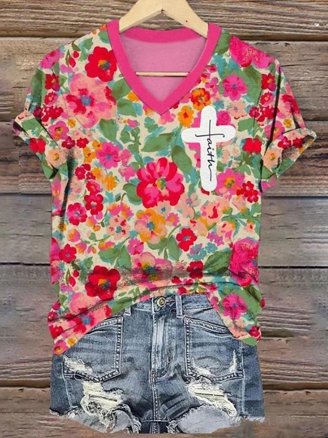 Femmes T-shirt Fleuri Graphique Plantes ancien Mode Hawaïen Manche Courte Col en V Hauts Réguliers Quotidien Sortir Week-end Imprimé Jaune Rose Claire Bleu Violet Orange Été Printemps de 2025 ? $19.99 –P6