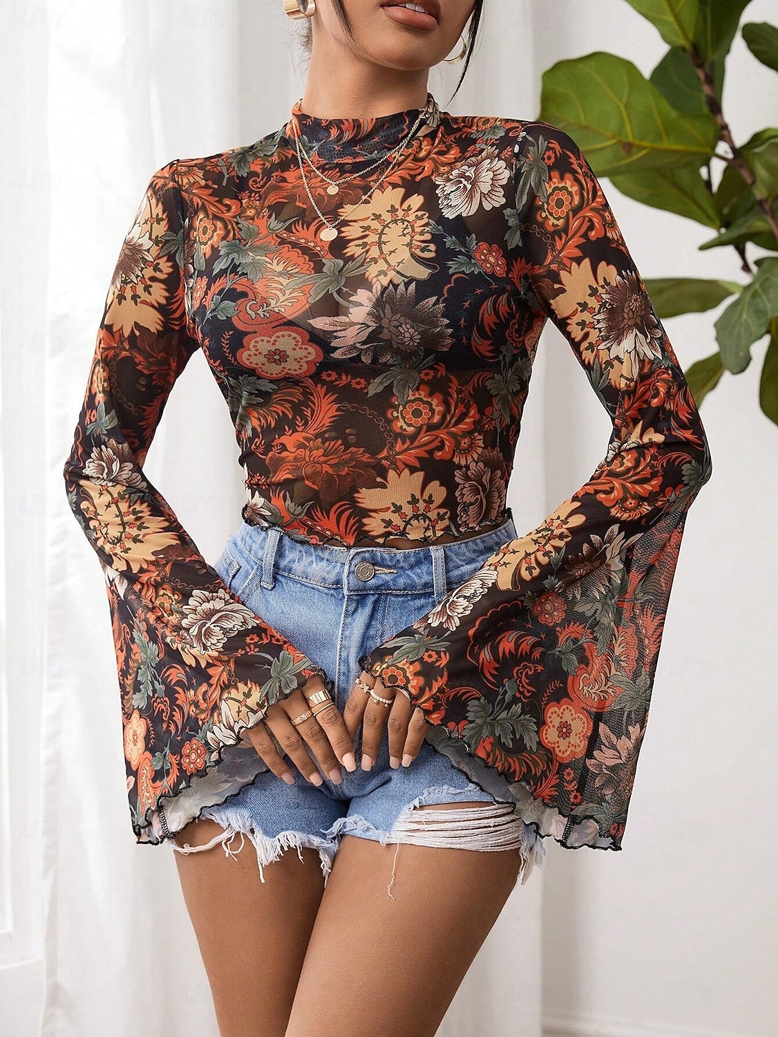 Retro Vintage 1970er Groovy Bauchfreies Top Glockenärmel Disco Netz Blumen Damen Halloween Karneval Musikfestival Retro-Mottoparty Erwachsene Oberteil 2025 - $22.99 –P5