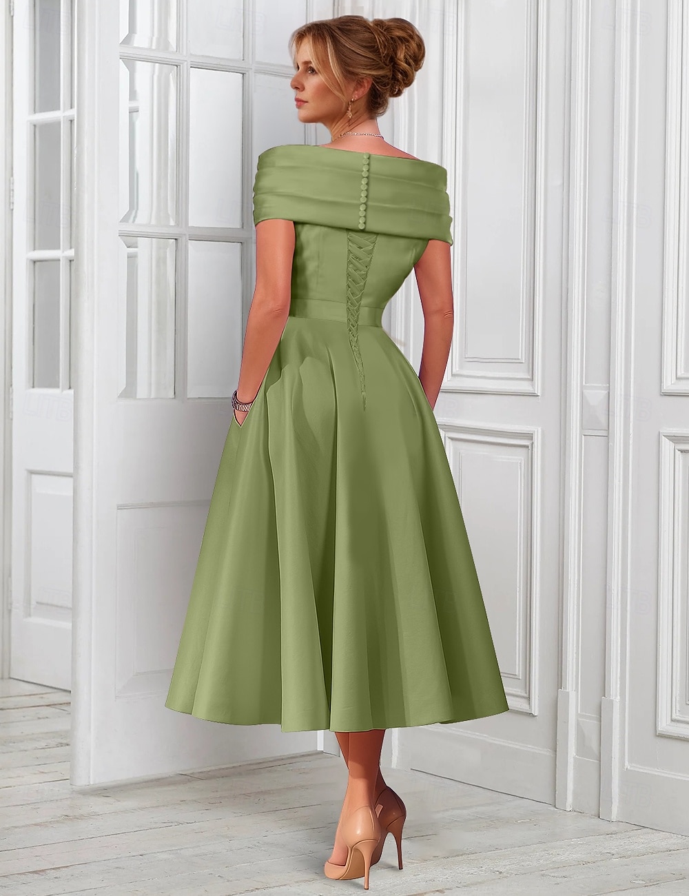 A-Line Cocktail Dresses Elegant Dress Formal Wedding Tea Length Midi Length Sleeveless Adjustable Cover Buttons Off Shoulder Satin with Pleats 2025 - $128.99 –P2