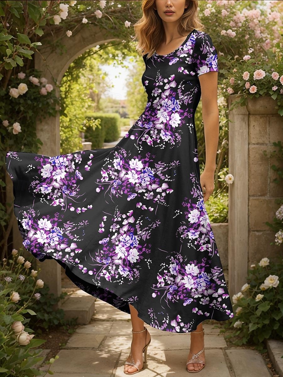 Damen Maxikleid Strickkleid Freizeitkleid A Linie Kleid Sommerkleid Elegant Urlaub Lässig Normale Passform Blumen Grafik Kurzarm Quadrathals Rundausschnitt Gelb Rote Blau Purpur Sommer Frühling 2025 - $31.99 –P6