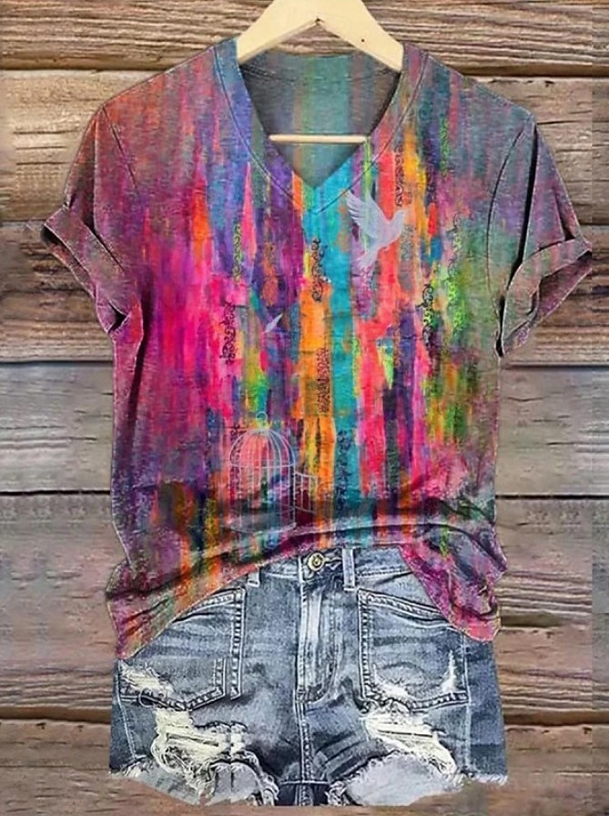 Femmes T-shirt Fleuri Graphique Plantes ancien Mode Hawaïen Manche Courte Col en V Hauts Réguliers Quotidien Sortir Week-end Imprimé Jaune Rose Claire Bleu Violet Orange Été Printemps de 2025 ? $19.99 –P2