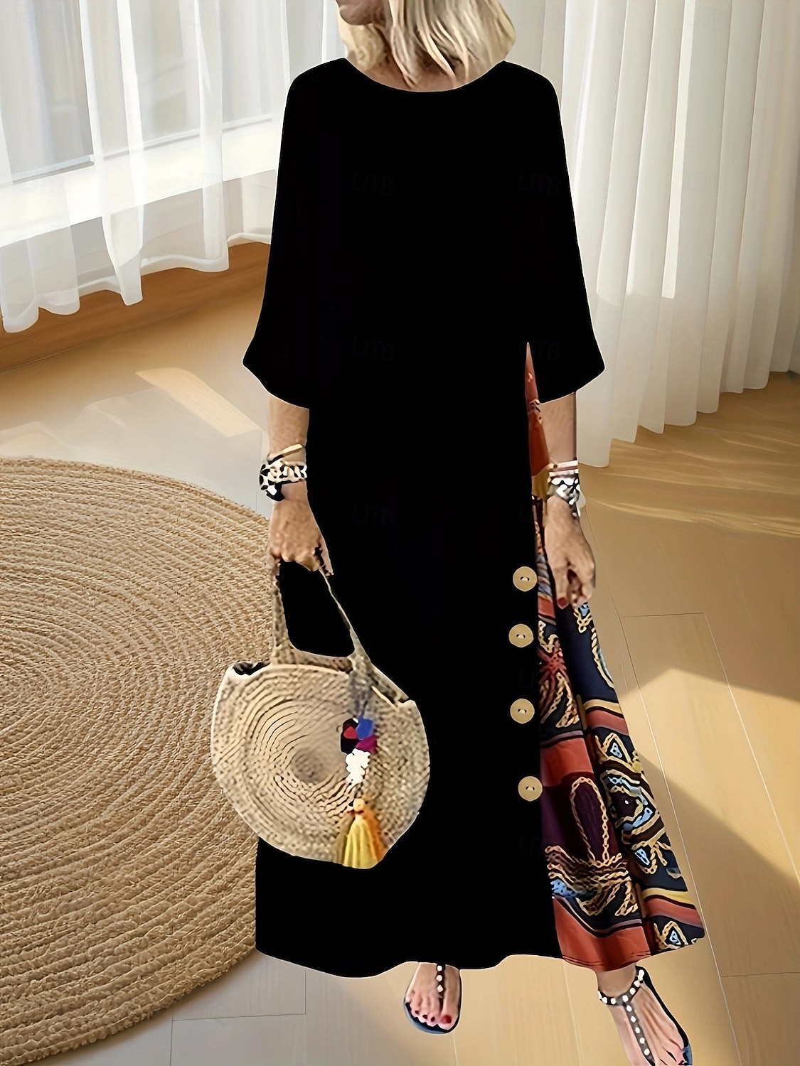 Women's Maxi Dress A Line Dress Summer Dress Casual Daily Regular Fit Floral Graphic 3/4 Length Sleeve Crew Neck Black Red Summer Autumn 2025 - $24.99 –P1