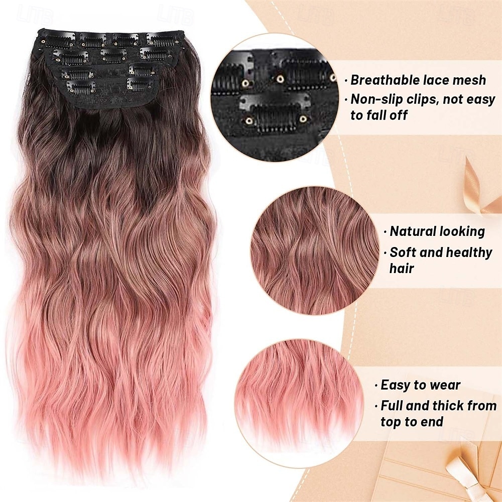 2025年 20インチのクリップインヘアエクステンション、ロングウェーブ合成ヘアエクステンション、太めのピンクのヘアエクステンション、クリップイン、ダブルウェフトヘアエクステンション、女性用  コレクション – $26.99 –P6