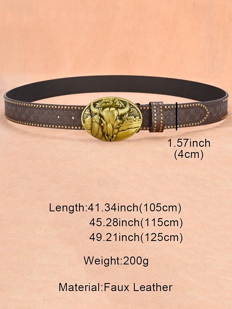 мужской ремень из искусственной кожи в стиле вестерн с бронзовой пряжкой в виде черепа быка, идеально подходит для повседневных и ковбойских образов 2026 - $19.99 –P7