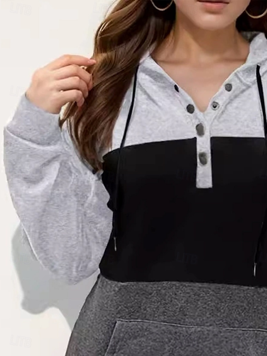 Dam Pullover Hoodie Sweatshirt Färgblock Ledigt Långärmad V-hals Vanliga toppar Ledigt Lappverk Ficka Knappar Vin Grå Vår Höst Vinter 2025 - $31.99 –P5