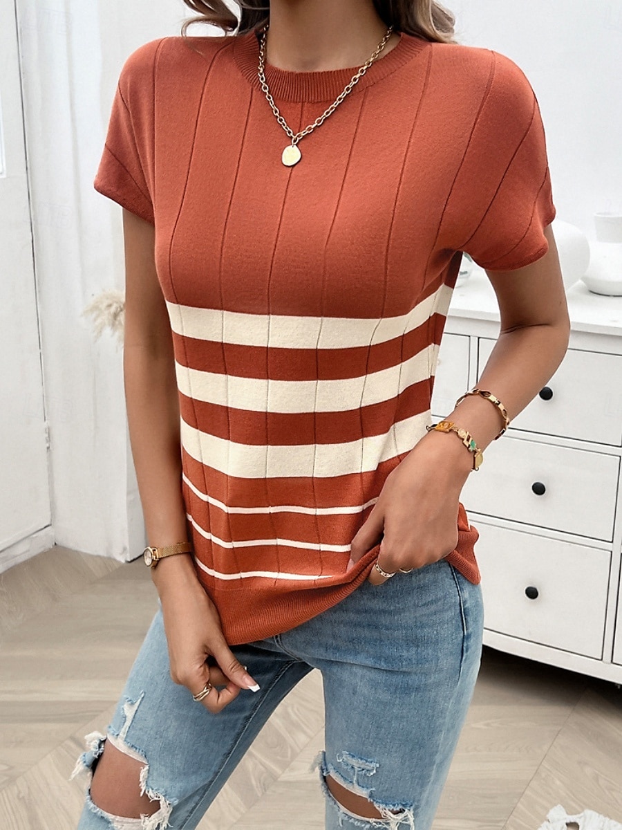 Dame Bluse Stripet Stilfull Fritid Kortermet Crew-hals Vanlige topper Daglig Lapper Svart Hvit Brun Kakifarget Sommer 2025 - $28.99 –P4