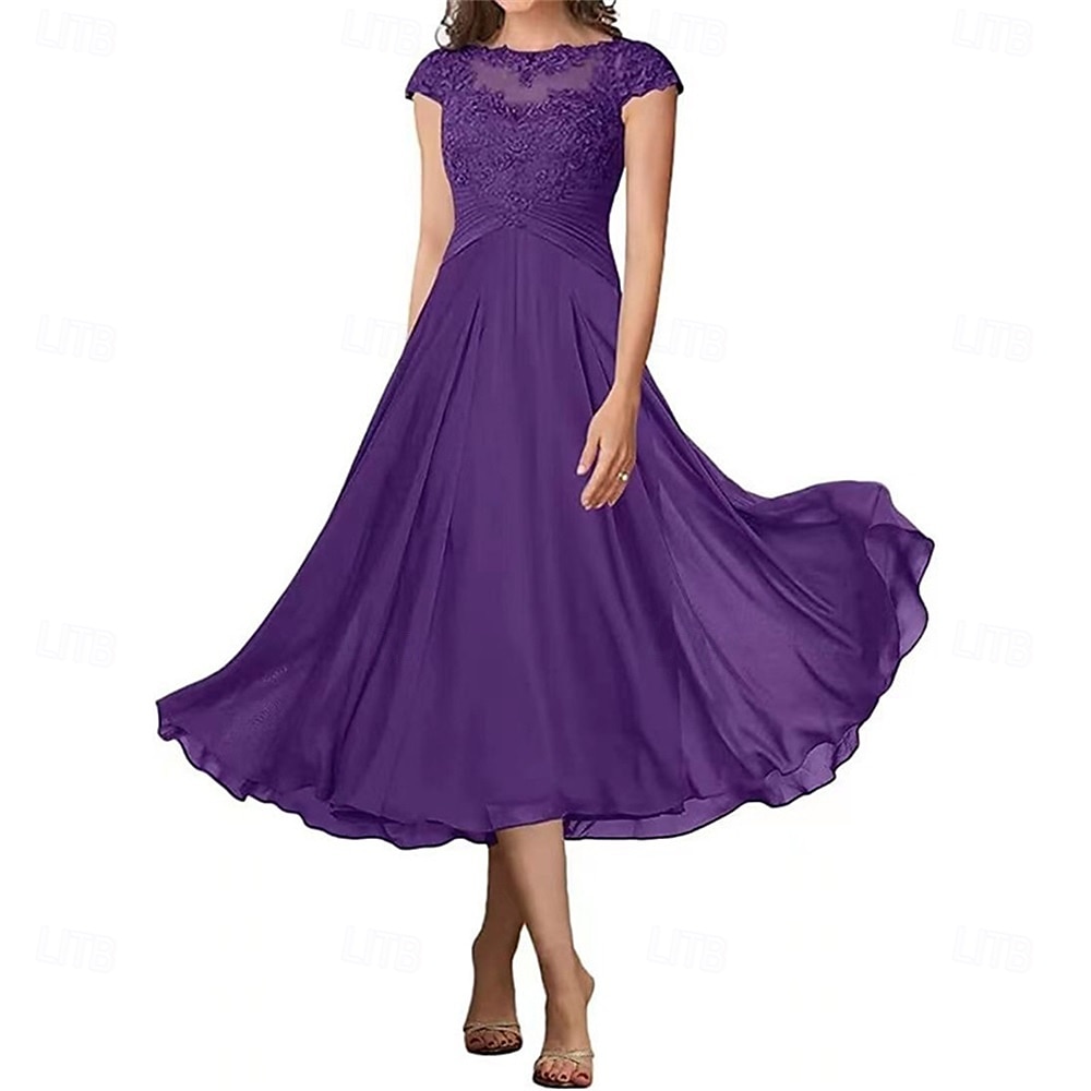 A-Linie Brautmutterkleid Elegant Einfach Rundhalsausschnitt Knöchellänge Chiffon Kurzarm mit Falten Einfarbig 2025 2025 - $119.99 –P8