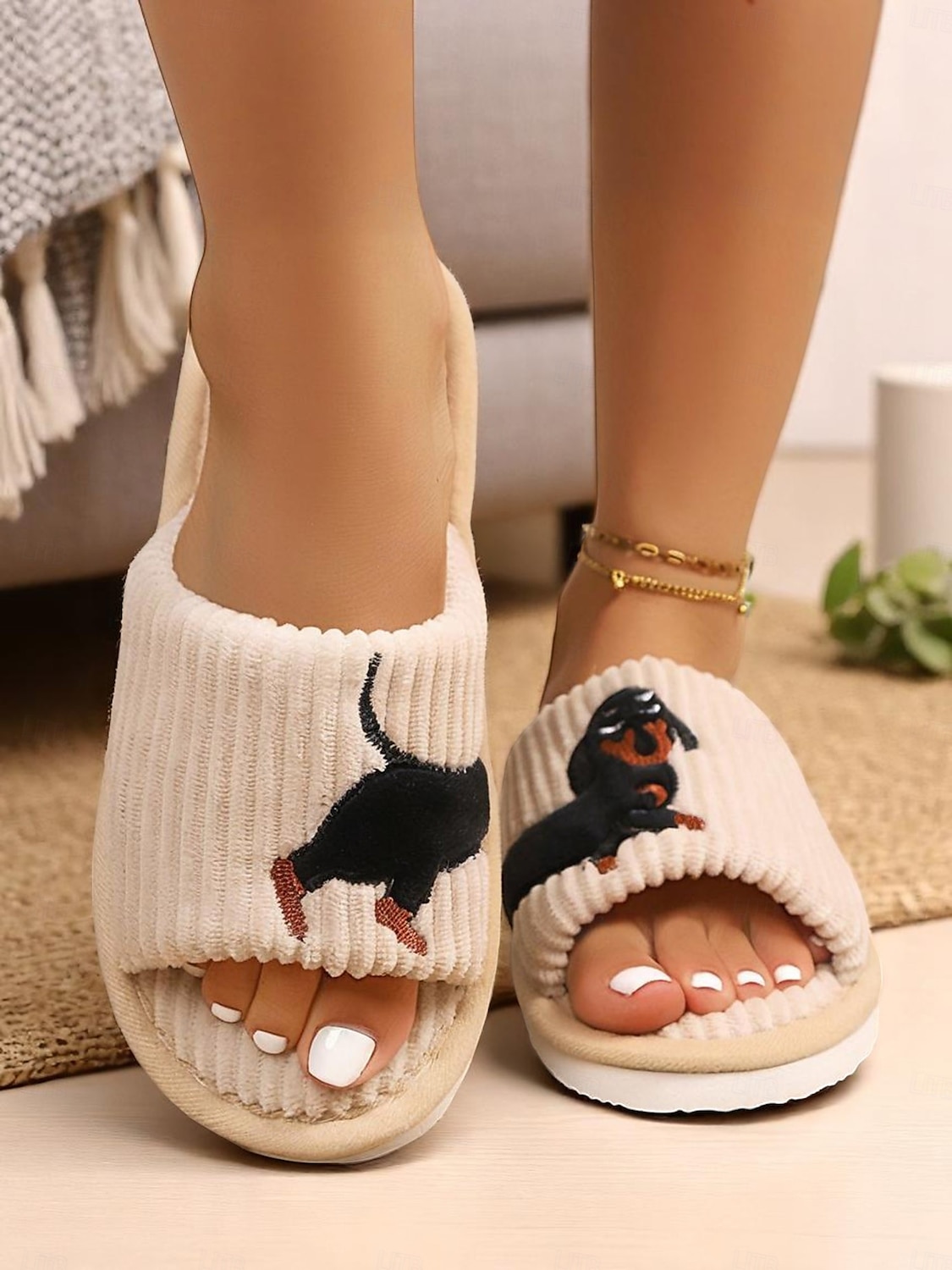Papuci de casă pentru femei, din pluș, cu broderie de câini, sandale confortabile din catifea reiată, perfecți pentru relaxare și lenevire acasă 2025 - $14.99 –P1