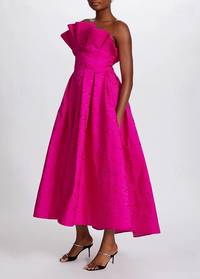 Moire A-Lijn Cocktaillabel Elegant Jurk Formele Semi Formele Bruiloft Tea Lengte Midi Lengte Mouwloos Strapless Satin Ruffles met Zakjes 2025 - $149.99 –P4