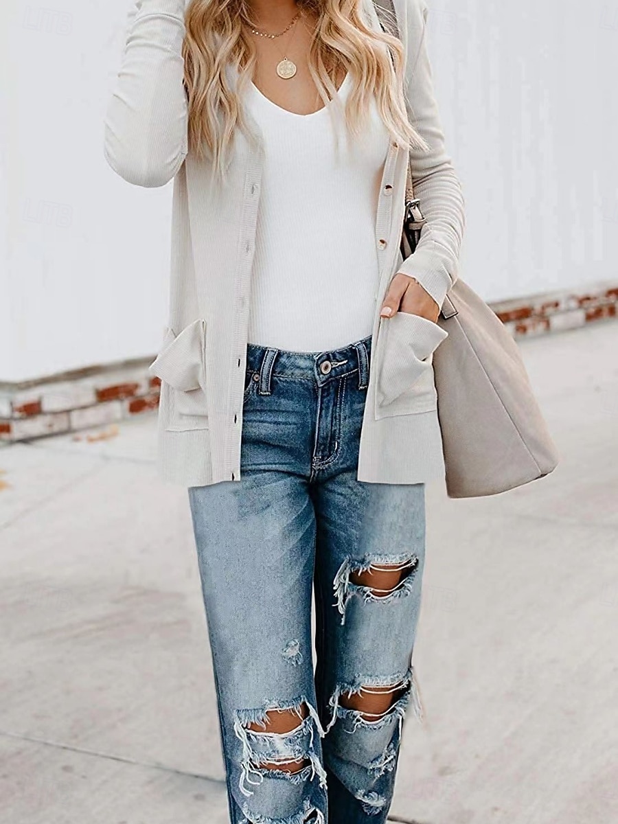 Dames Vrijetijdsjas Ademend Comfortabel Knop Zak Casual Effen Vakantie Straat Casual Alledaagse kleding Enkele rij knopen Normaal V-hals Normale pasvorm Lange mouw bovenkleding Wit Blozend Roze Khaki 2025 - $19.99 –P8