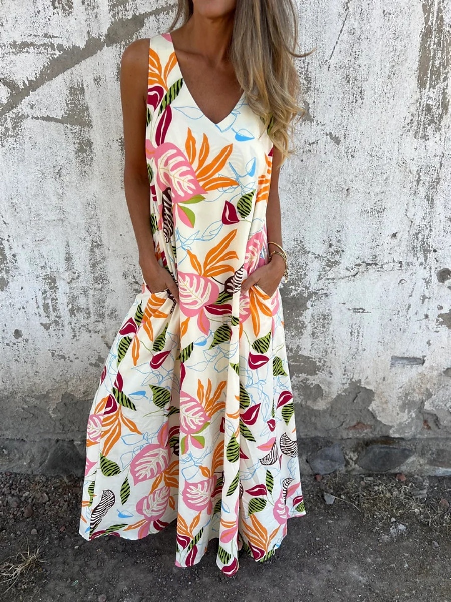 Femmes Robe maxi Robe trapèze Robe Nuisette Vacances Occasionnel Boho Extérieur Sortir Coupe régulière Fleuri Sans manches Col en V Bleu Abricot Beige Été de 2025 ? $23.99 –P4