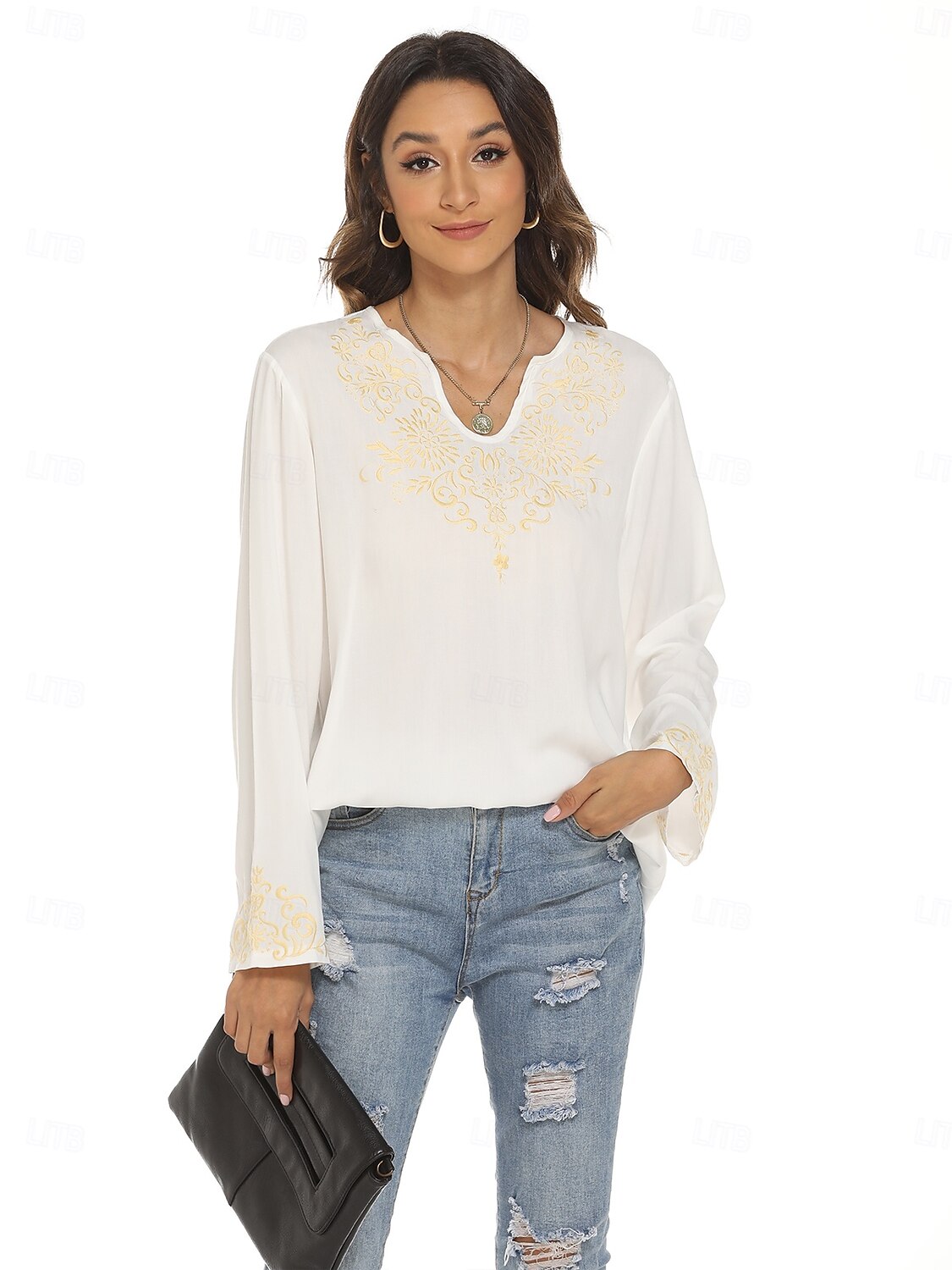 Damen Boho-Hemd Einfach Bohemien Lässig Langarm Glockenärmel U-Ausschnitt Normale Oberteile Arbeit Täglich Ausgehen Bestickt Weiß Sommer Frühling Herbst 2025 - $28.99 –P6
