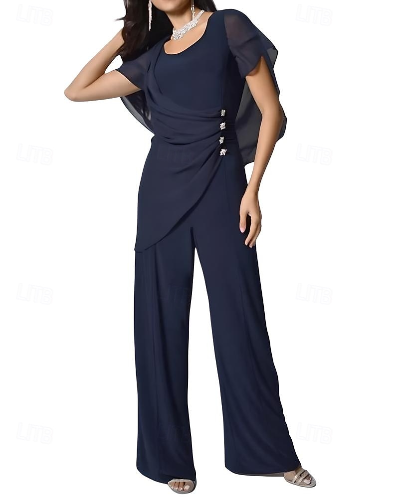 Mono  Traje con Capa Vestido Madre de la Novia Elegante Simple Minimalista Escote Pico Longitud de Piso Chiffon Manga Corta con Botones de Cristal 2025 - $129.99 –P1