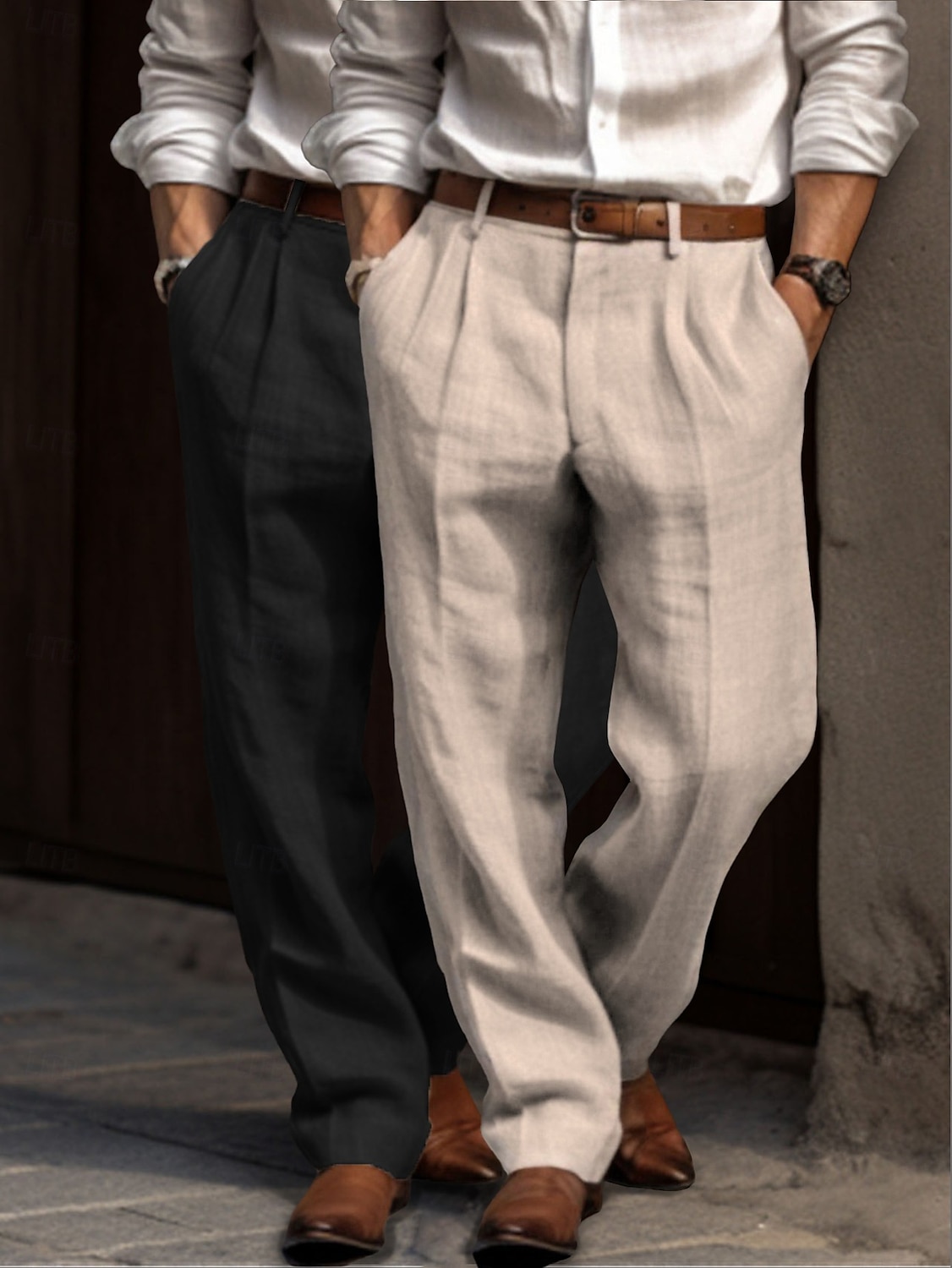 Herren Anzughose Leinenhosen Hose Sommerhose Faltenhose Fronttasche Gerader Schnitt Einfach Komfort Atmungsaktiv Volle Länge Outdoor Lässig Täglich Urlaub Mode Grün + grau Schwarz+Grau 2025 - $23.99 –P4