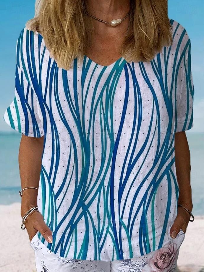 Dames Overhemd Grafisch Geometrisch Gestreept Stijlvol Klassiek Casual Korte mouw V-hals Normale tops Dagelijks Strand Kleding Vakantiekleding Afdrukken blauw Grijs Zomer Lente 2025 - $19.99 –P1